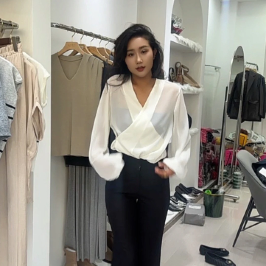 夏季新款黑白色V领长袖法式衬衫灯笼袖薄款