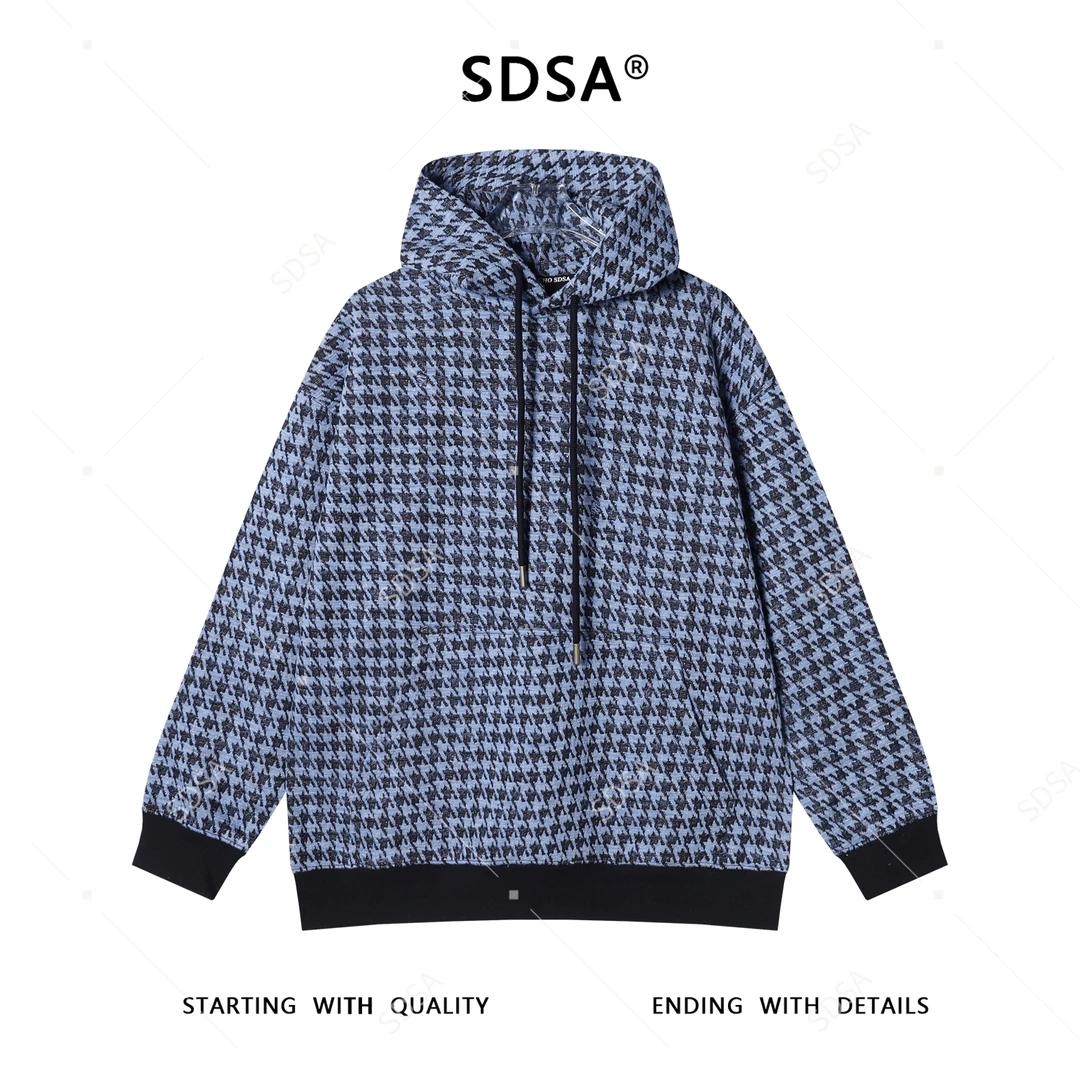 SDSA男士秋冬新款痞帅男装美式高街千鸟格抽绳连帽卫衣百搭网红款