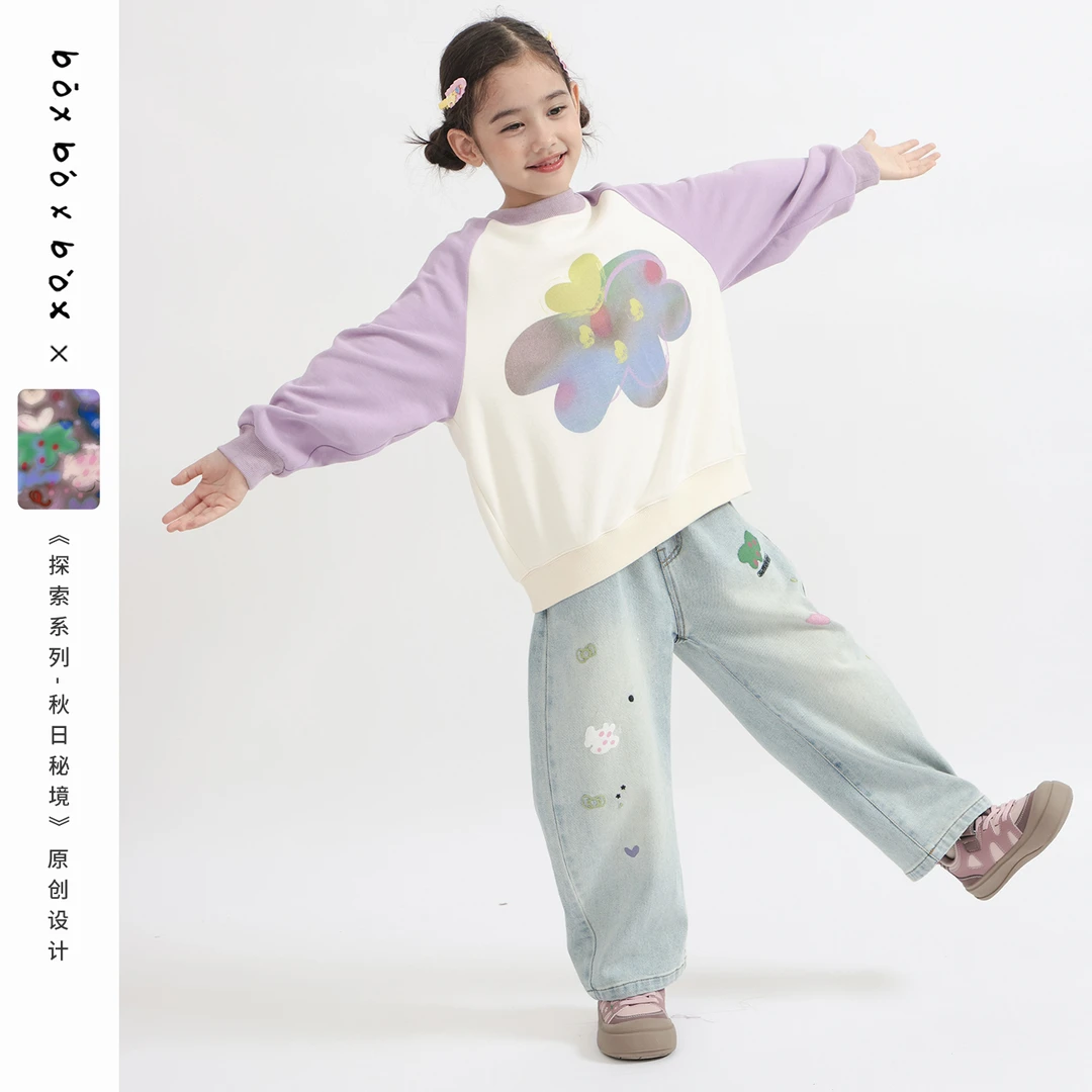 boxboxbox童装印花拼色长袖套头卫衣 女童2025秋季新款插肩袖上衣