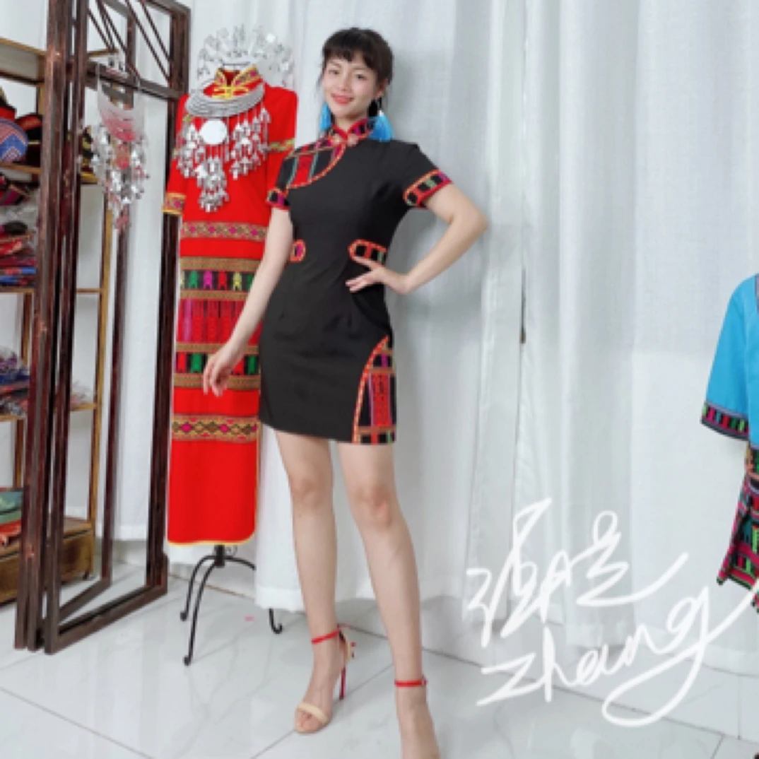 海南手工锦片创新女款姊妹纹气质民族风少女风春夏复古旗袍显瘦