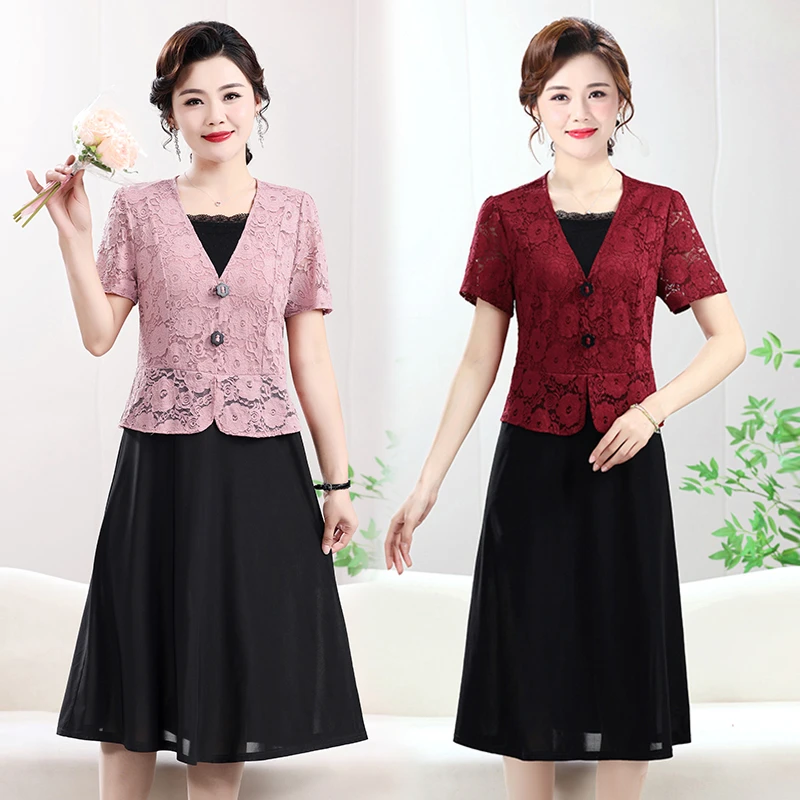 洋气妈妈夏装蕾丝连衣裙母亲节新款40岁50中老年女夏季假两件裙子