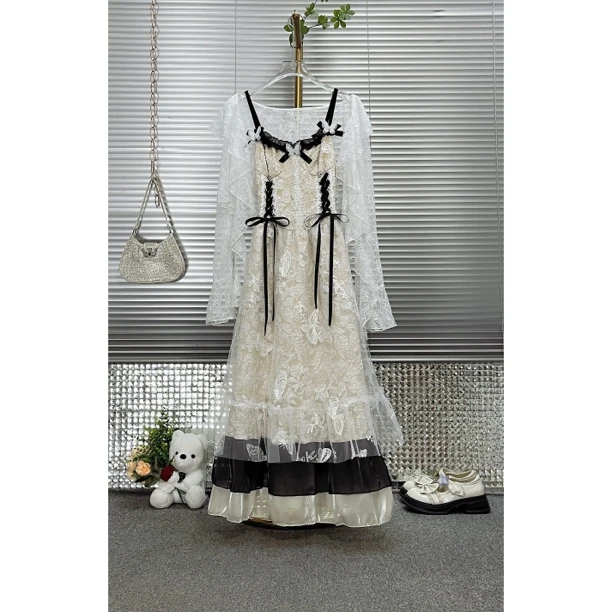 夏季优质版设计款洋气萝莉也仙气蝴蝶结绑带吊带裙套装日系公主裙