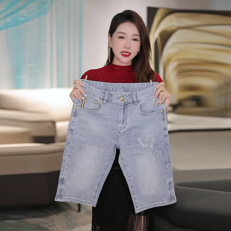 夏季新款星空灰男士烫钻五分牛仔中裤时尚修身弹力裤子男显高显瘦