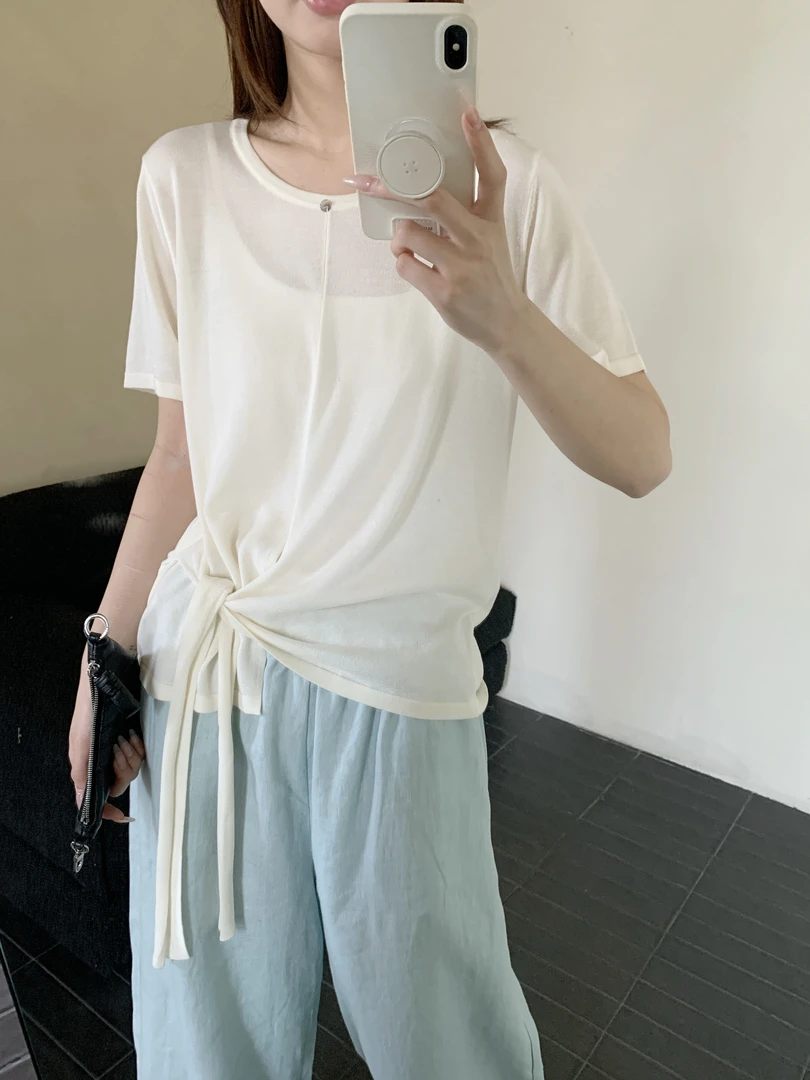 【潘潘.508889】2025年夏季新款冰蚕丝纯色圆领短袖套头针织衫