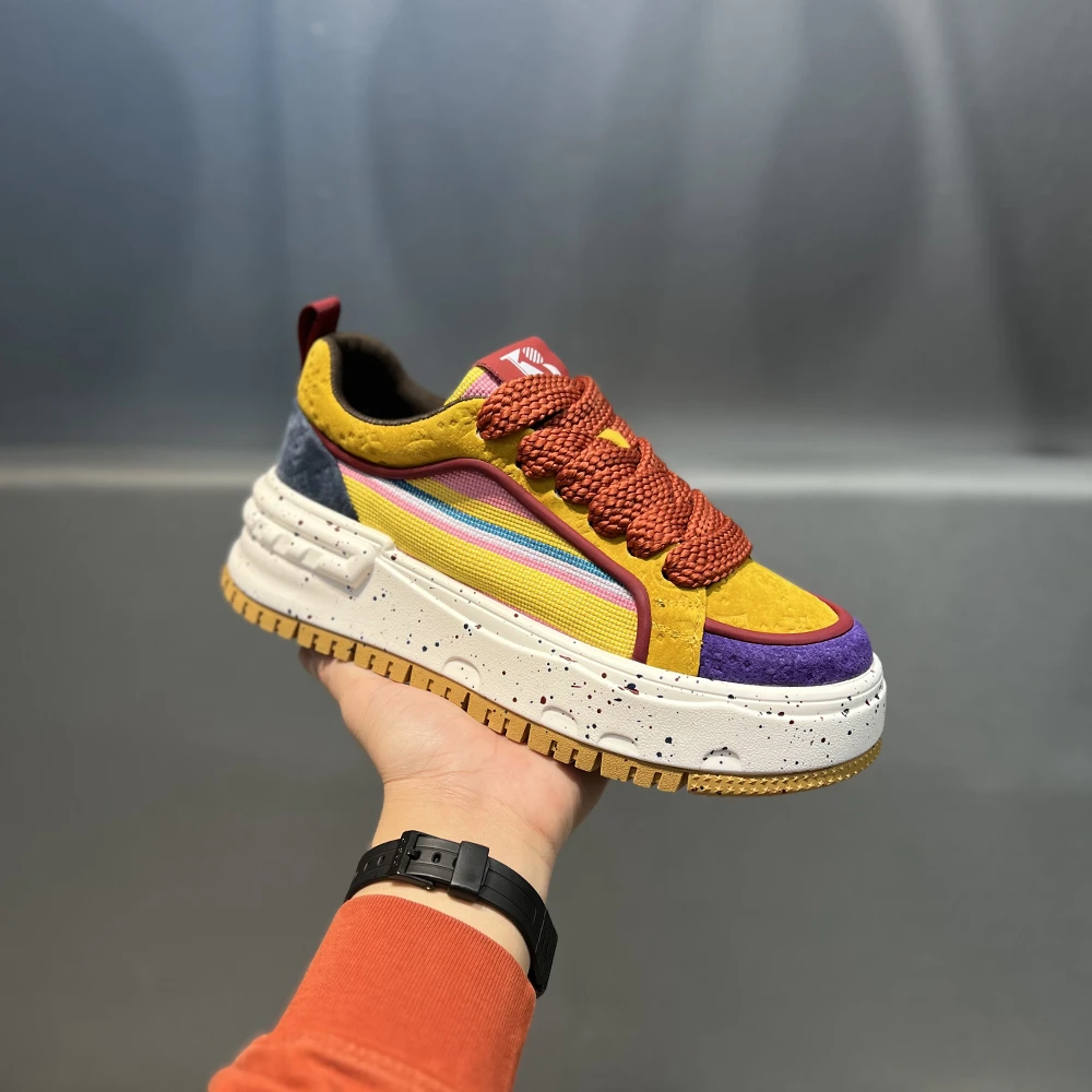 轻奢翻毛皮拼条纹布面厚底鞋时尚运动百搭软底舒适男士潮流休闲鞋