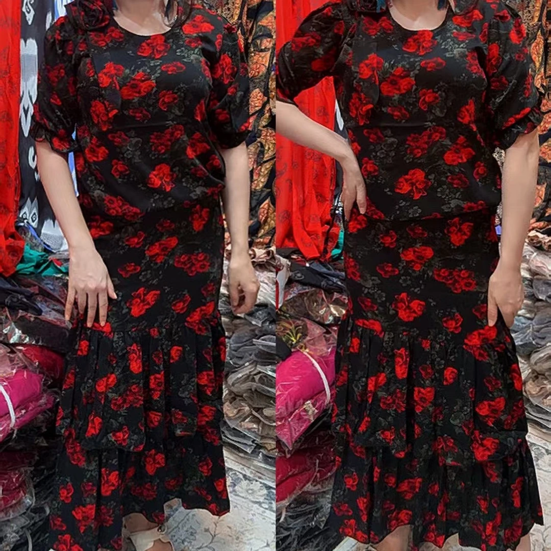 28包臀裙长花红色套装优雅复古