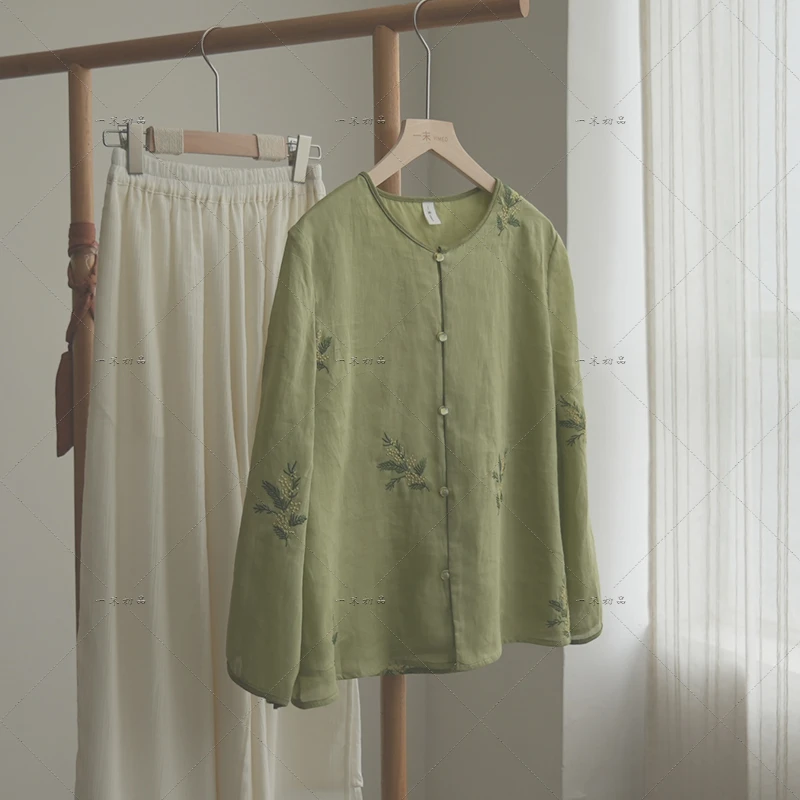 5060《花想容》原创复古国风刺绣衬衫温婉文艺圆领苎麻绿色上衣