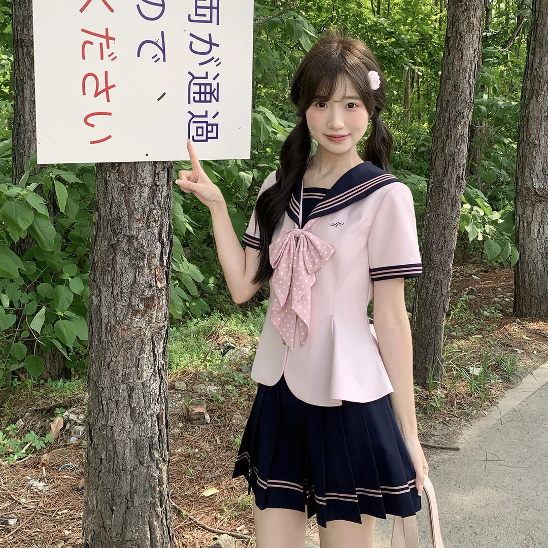 东京岁时记jk制服套装原创收腰款粉撞绀水手服日系校服水手裙套装