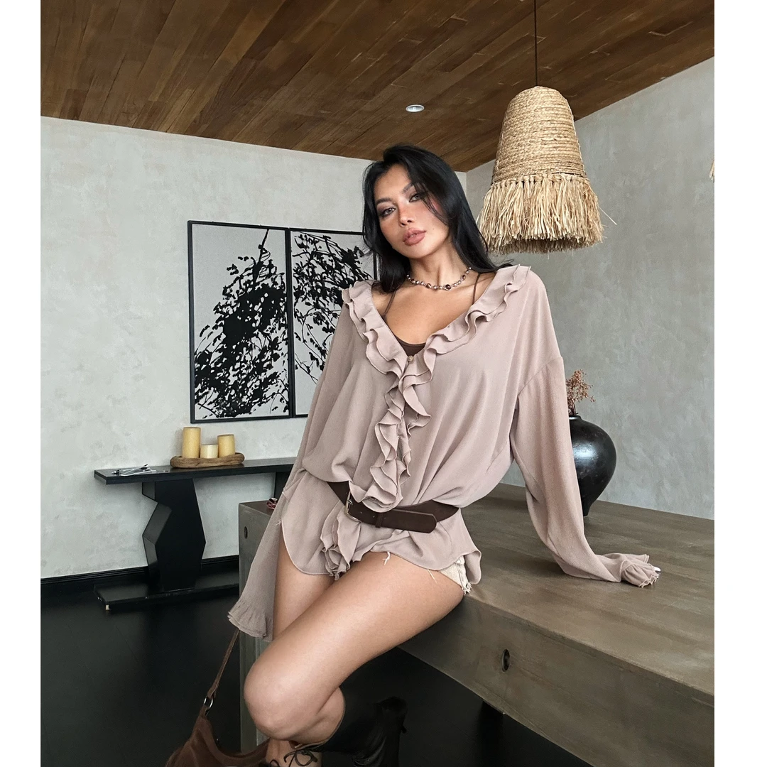 【蜜蜜家】流浪诗人 欧美辣妹显瘦性感宽松纯欲休闲衬衫 25/C078