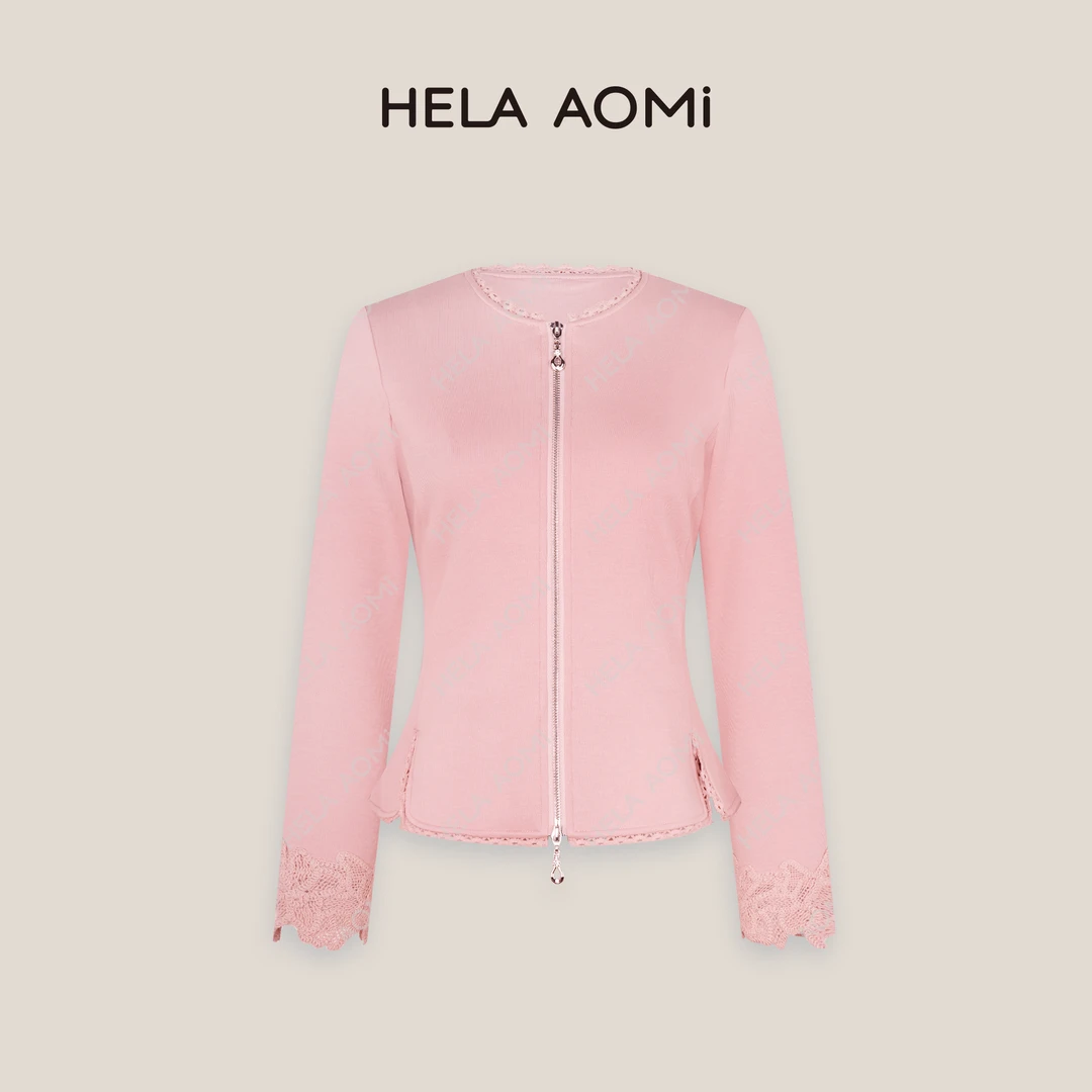 HELAAOMI“粉雾腰精”蕾丝圆领显瘦双拉链设计款短款外套CY5AQ00204