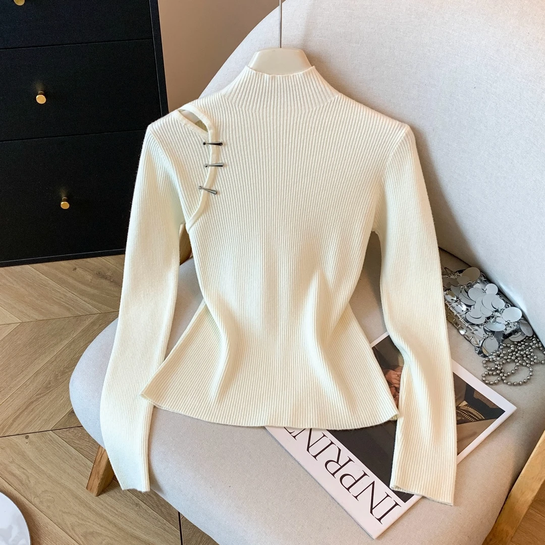 修身半高领针织衫长袖女秋冬款设计感洋气内搭毛衣打底衫镂空上衣