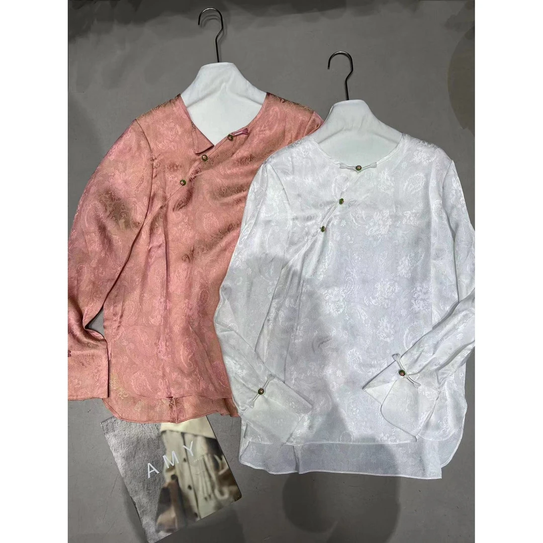 【小黑家】长高端人丝圆领提花斜门襟盘扣前短后长国风衬衫