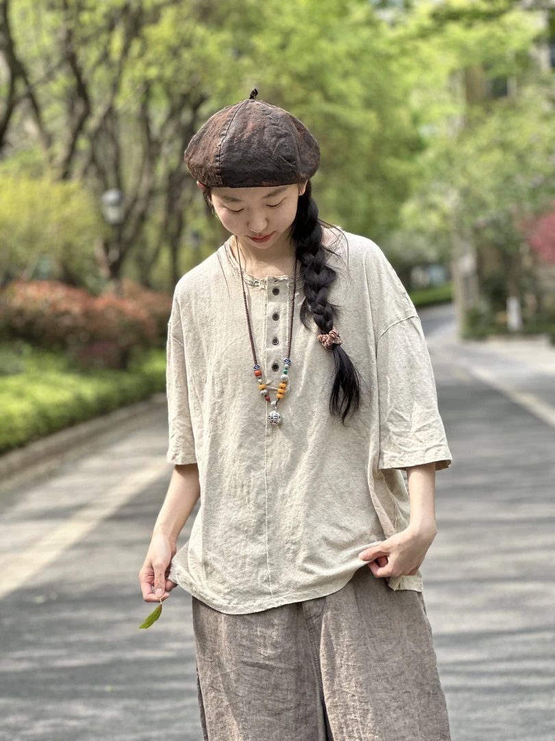 昔玙241217   亚麻短袖T恤 宽松舒适百搭  胸围125 衣长65