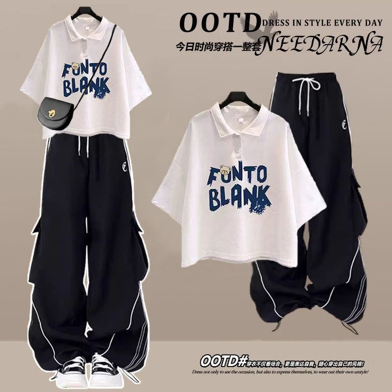 夏季女学生穿搭套装韩版宽松小清新短袖T恤+高腰帅气工装裤两件套