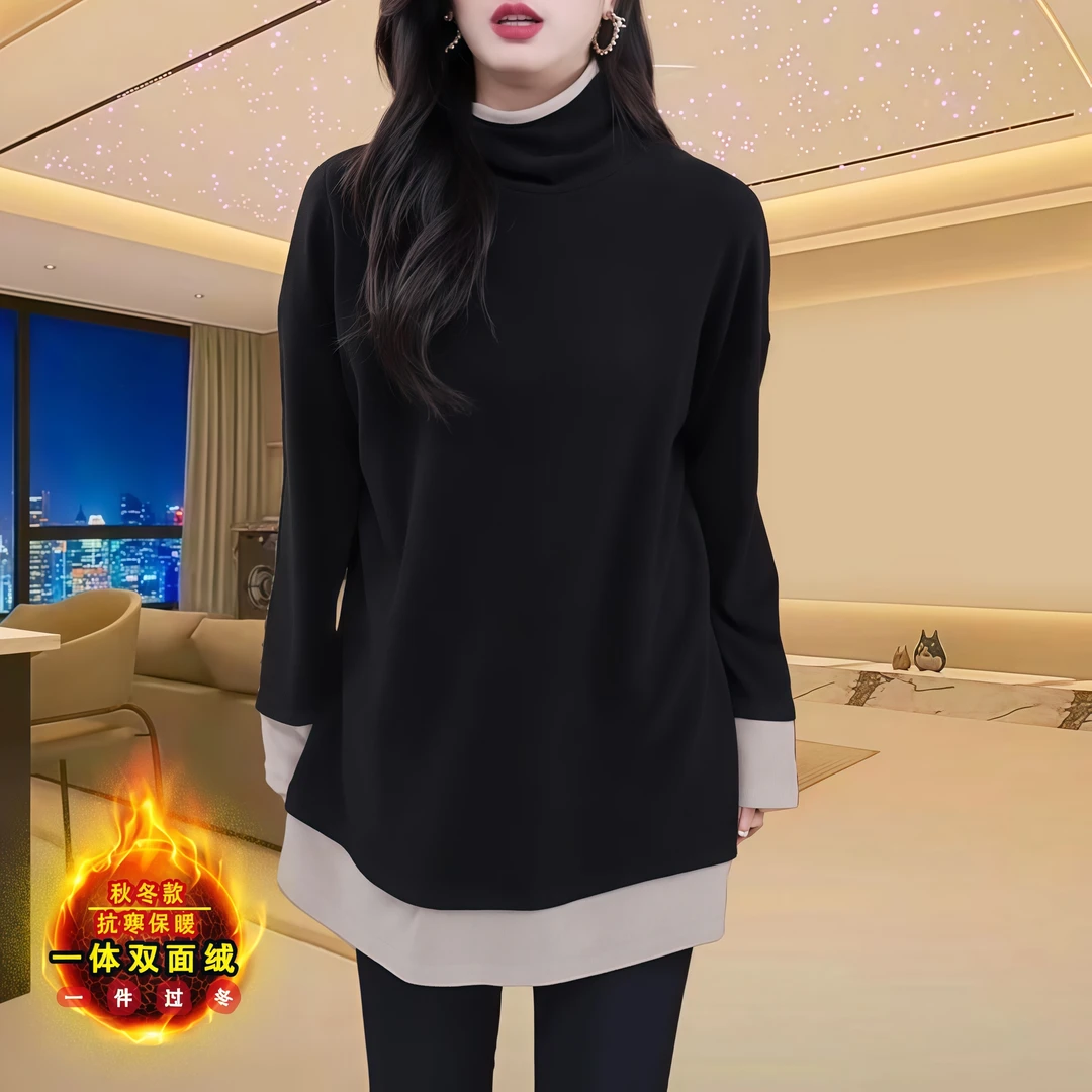 2025秋冬新款半高领德绒打底衫女撞色假两件上衣休闲宽松长袖T恤