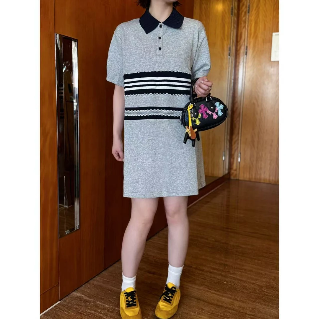 方和屿.春夏宽松腰短袖连衣裙女士夏款拼接休闲拼色polo领3257