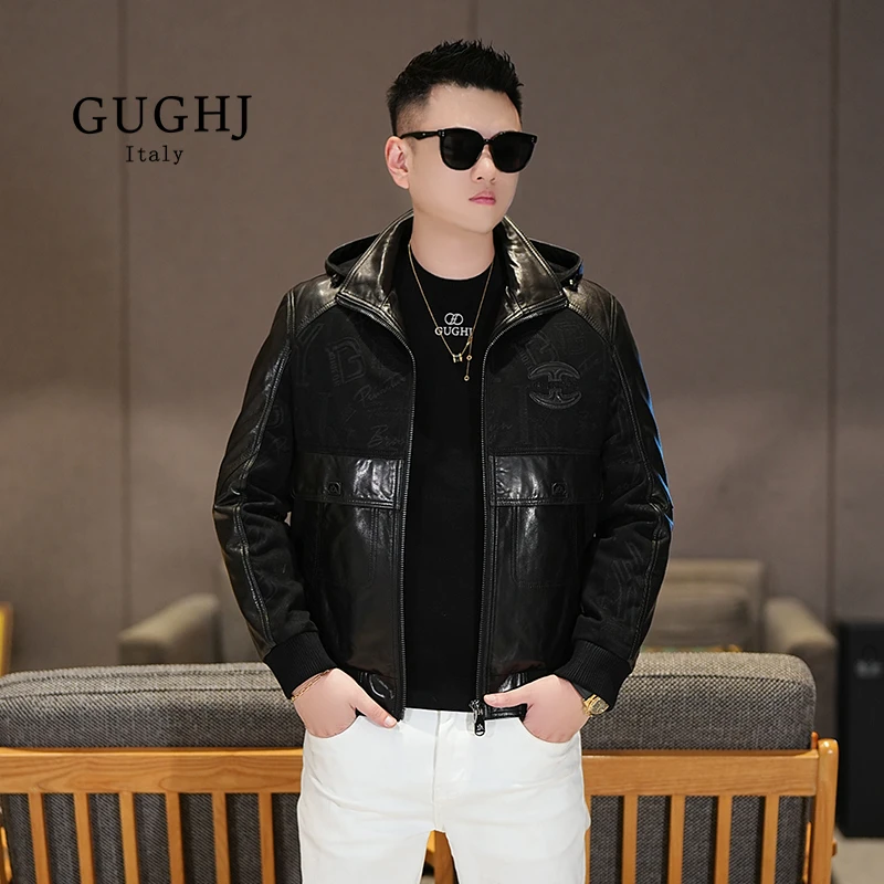 冬季新款个性提花连帽羽绒服时尚潮流修身真皮拼接休闲夹克外套男