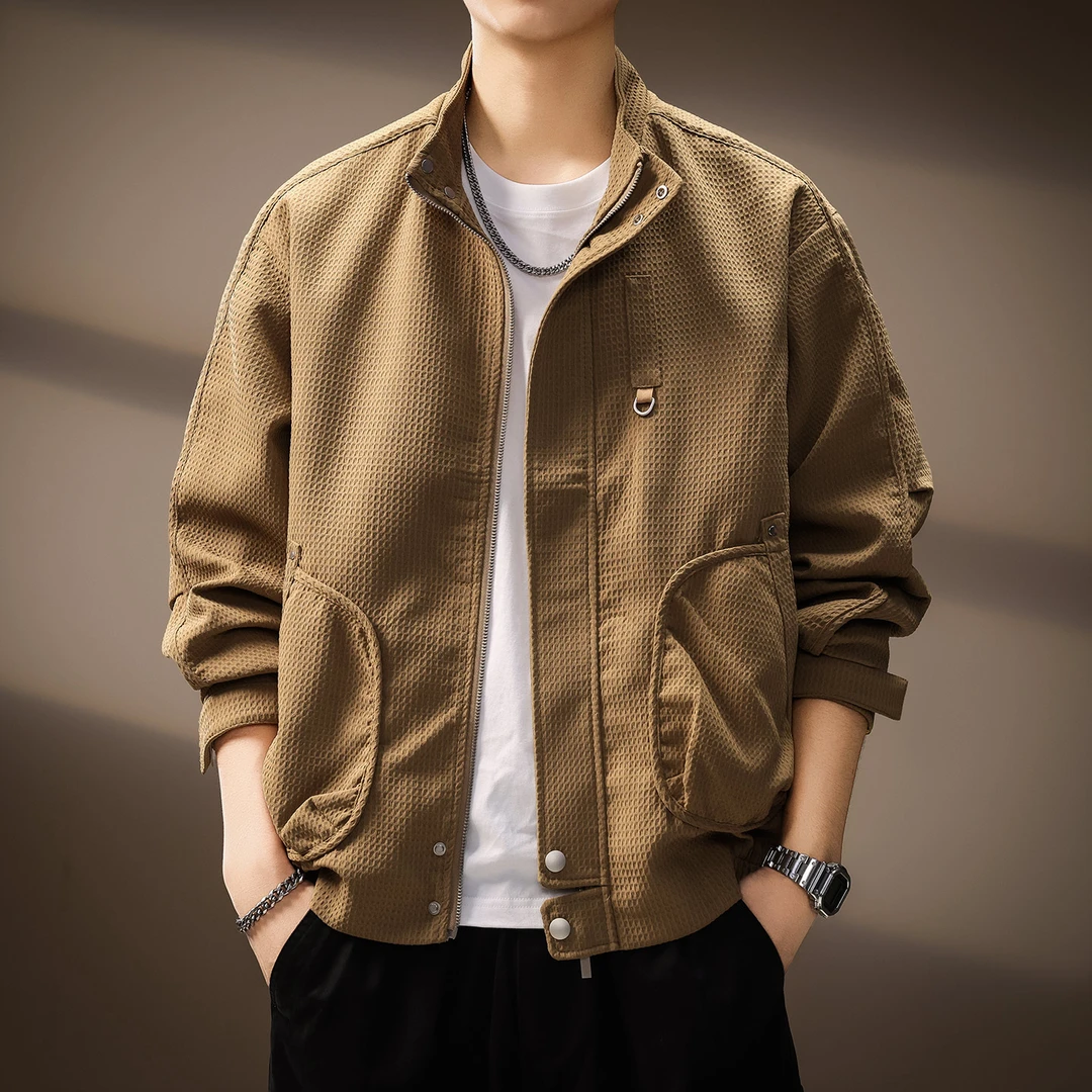 MR.MUDI/穆迪先生高端设计感格纹立领夹克男士秋季多口袋百搭外套