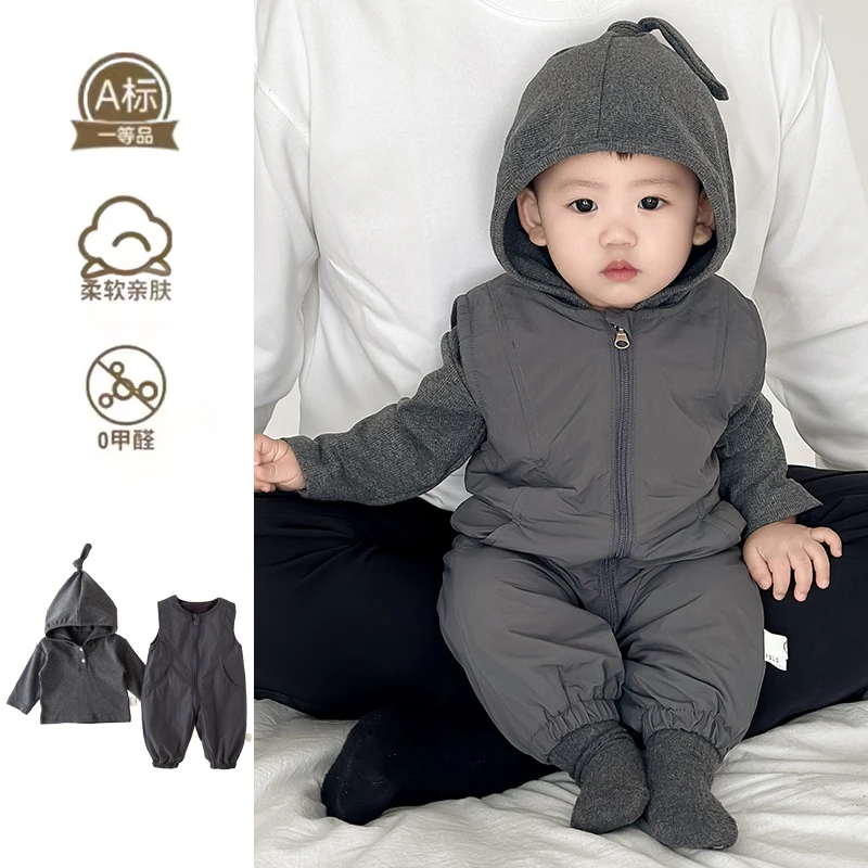 婴儿衣服春装网红连体衣背带裤套装宝宝超萌哈衣春秋外出服两件套