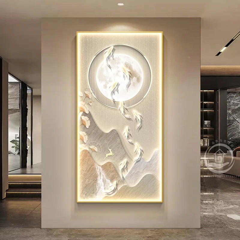 轻奢大气玄关装饰画九鱼图竖版发光灯壁画入户门走廊过道高档挂画