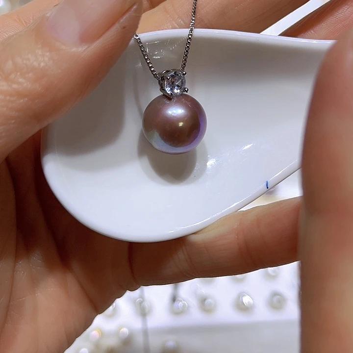 淡水珍珠紫珠银色戴妃吊坠银S925镶嵌