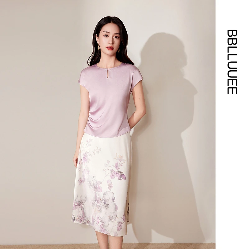 【晨晨精选】【涧浮香】粉蓝衣橱2025夏装新款缎面东方雅韵捏褶优雅盖