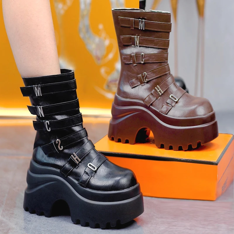 8cm小个子字母皮带扣厚底马丁靴女2025秋季新款轻便百搭休闲单鞋