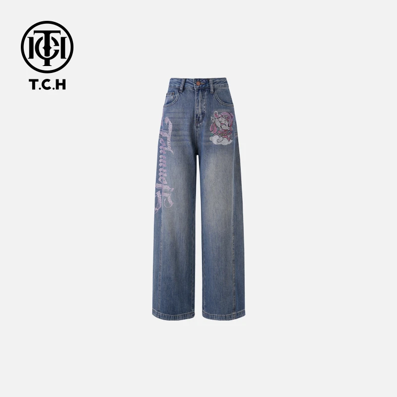 下架-TCH现货私服烫钻小财神直筒裤子百搭牛仔裤女T75A20E5059