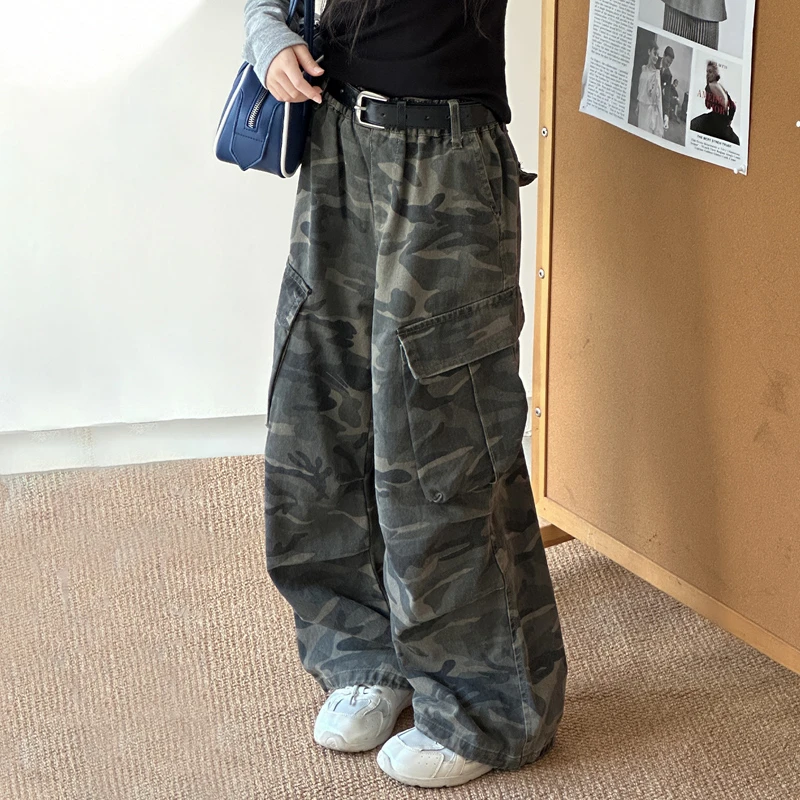 女童迷彩工装裤2025新款洋气儿童美式直筒复古嘻哈高街休闲街舞裤
