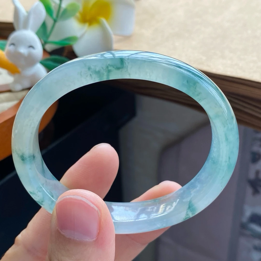 天然翡翠11.26批冰透飘花镯11091号53.9-44.5-12.6-6天然翡翠手镯