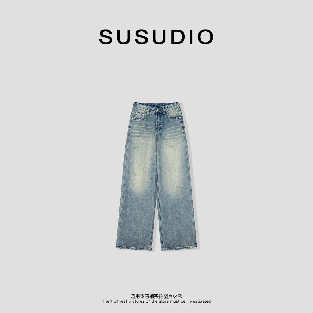 SUSUDIO 复古做旧折痕直筒宽松牛仔裤40150