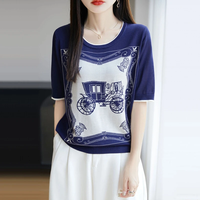 夏季新款圆领马车气质百搭显瘦遮肉样衣圆领印花半袖