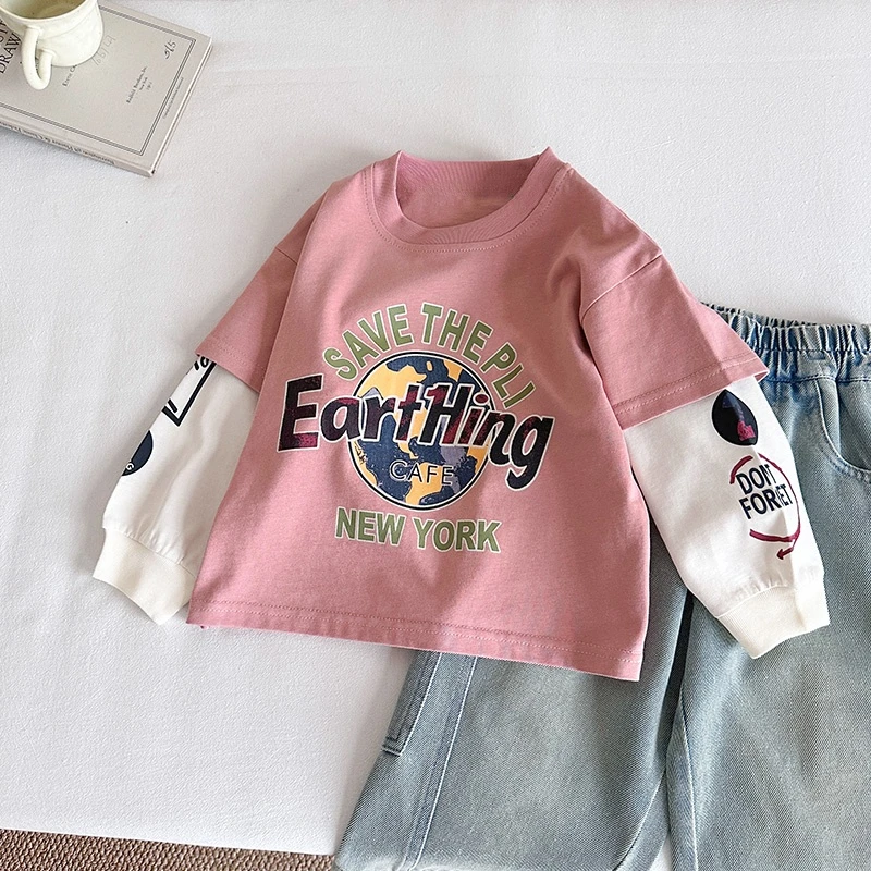 男童长袖T恤春秋新款儿童韩版洋气打底衫宝宝卡通假两件上衣纯棉