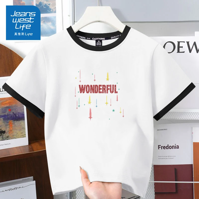 真维斯无界2025夏季新款女圆领拼色常规T恤ins修身短袖字母百搭