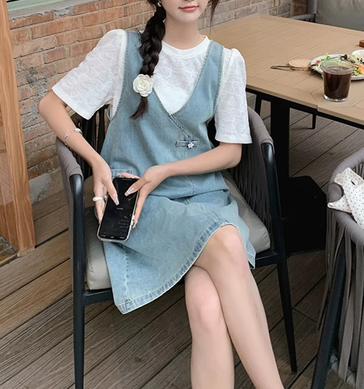 1194复古蓝色百搭软料设计款背心牛仔裙（A16）