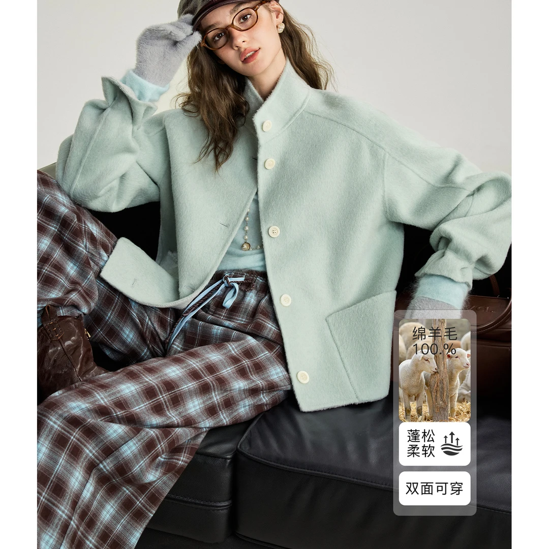 NAGUAGU/南瓜谷【双色软糖大衣】高品全羊毛女装毛呢外套