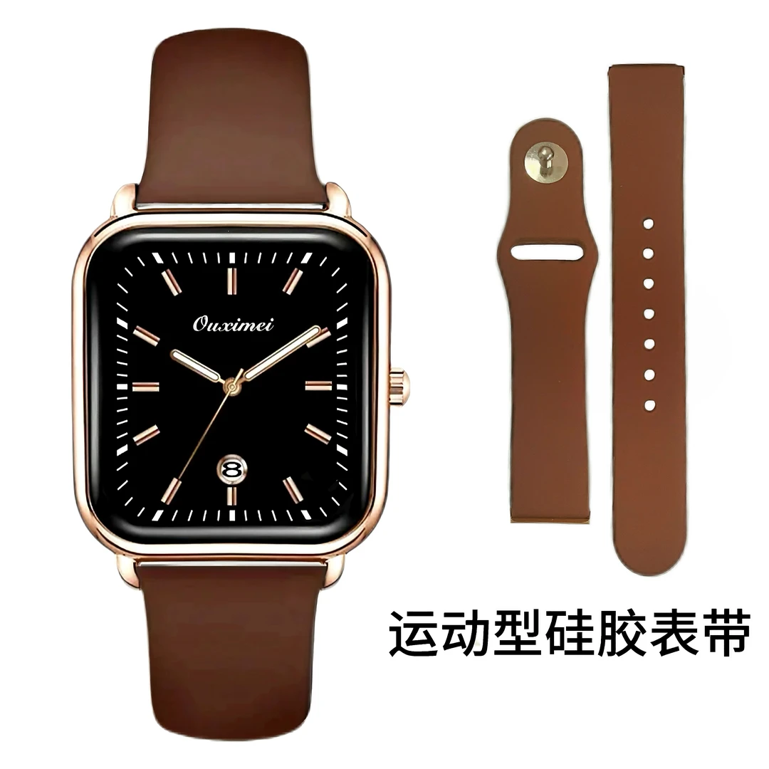 休闲简约流长方形硅胶表带女士石英腕表-6656咖色