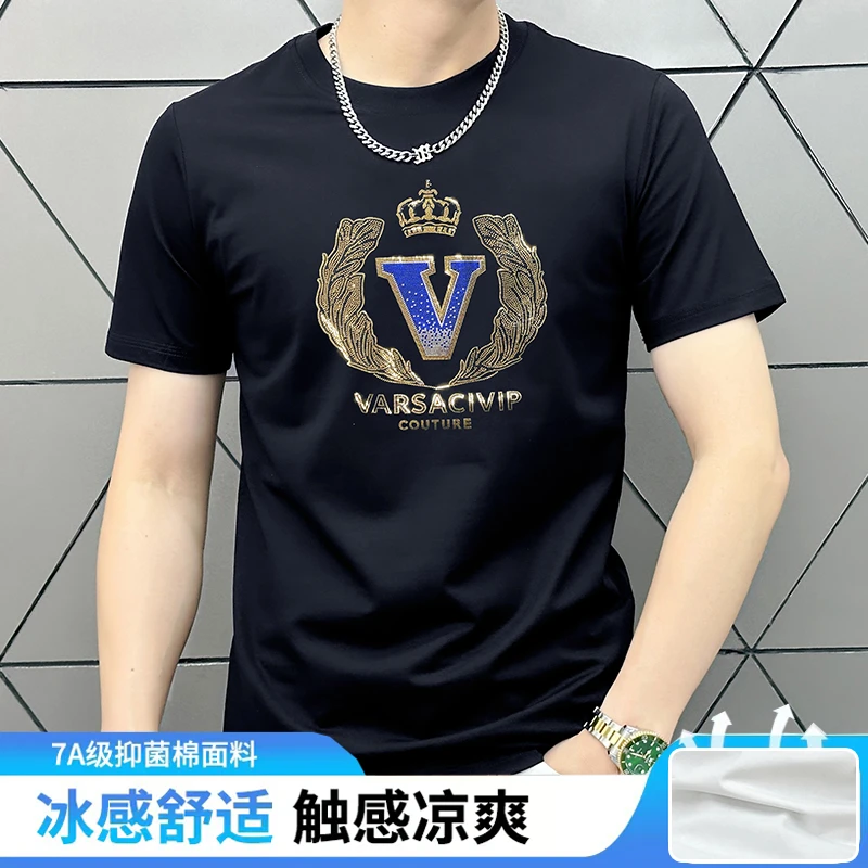 VARSACIVIP/瓦萨琪贵宾男士夏季T恤短袖修身潮流凉爽烫钻网红款