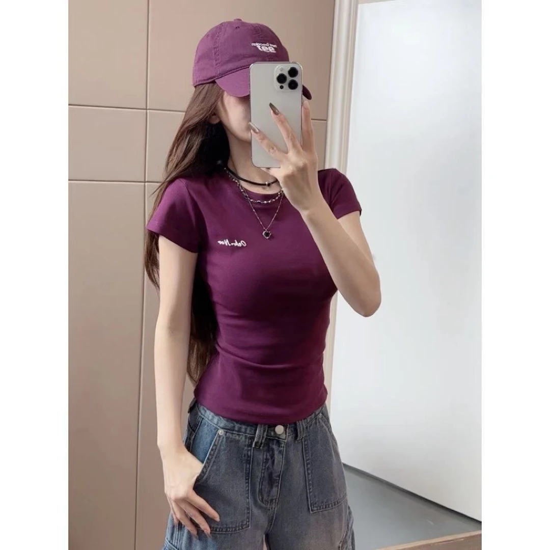 【显白天菜】美式多巴胺正肩短袖夏季辣妹修身百搭短款上衣-T3011