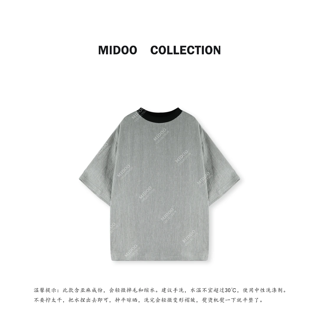 MIDOO ‘淡雅’亚麻混纺慵懒感撞色宽松T恤上衣