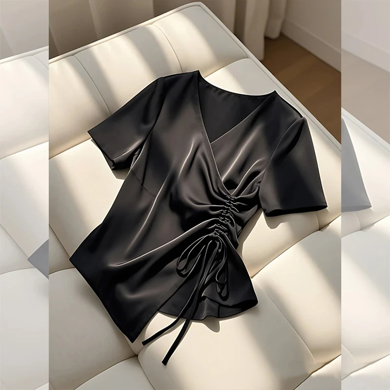 法式黑色v领抽绳衬衫女2025夏季新款百搭独特别致短袖t恤时尚上衣