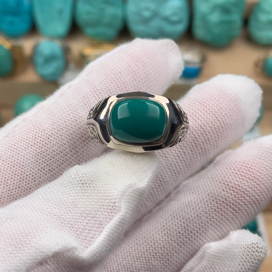 绿松石配饰银S925镶嵌男戒可调节