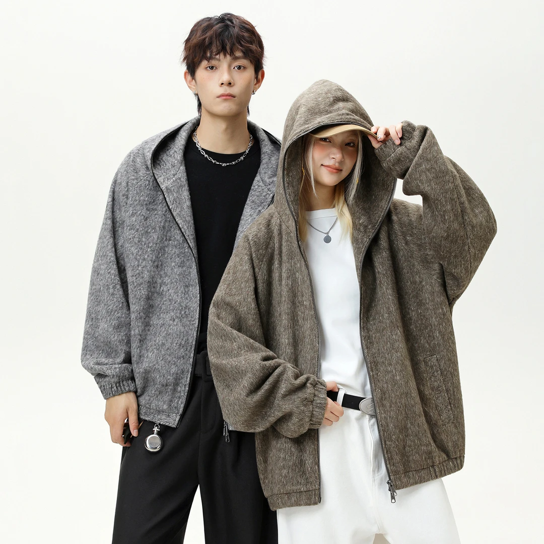 韩路马海毛连帽外套男女秋冬慵懒风毛呢夹克情侣宽松美式复古卫衣