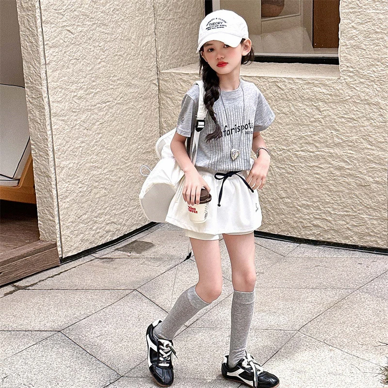 【酷哒仔】女童字母短袖上衣裙裤两件套装2025夏季中大童女孩子套装