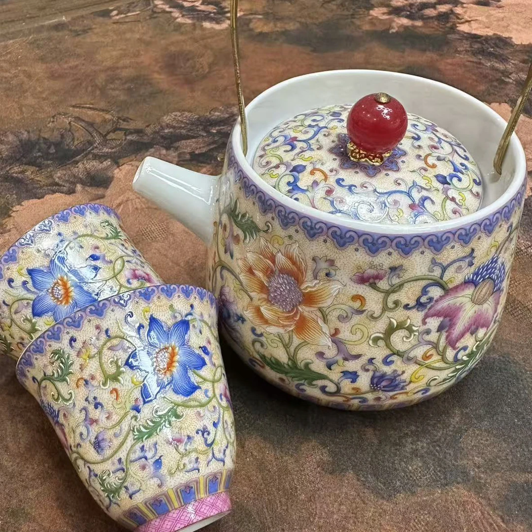 珐琅彩陶瓷提梁壶一壶两杯精致泡茶家用高档A10762