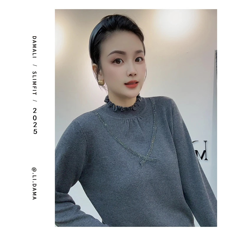 大码利-冬上新【胸前交叉木耳领口羊毛衫】长袖上衣宽松半高领秋冬