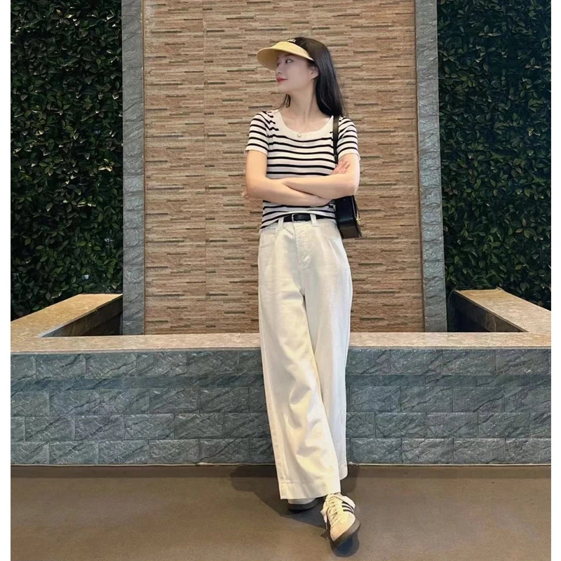 新款法式高级感U领条纹短袖T恤女夏季薄款百搭针织衫休闲显瘦上衣