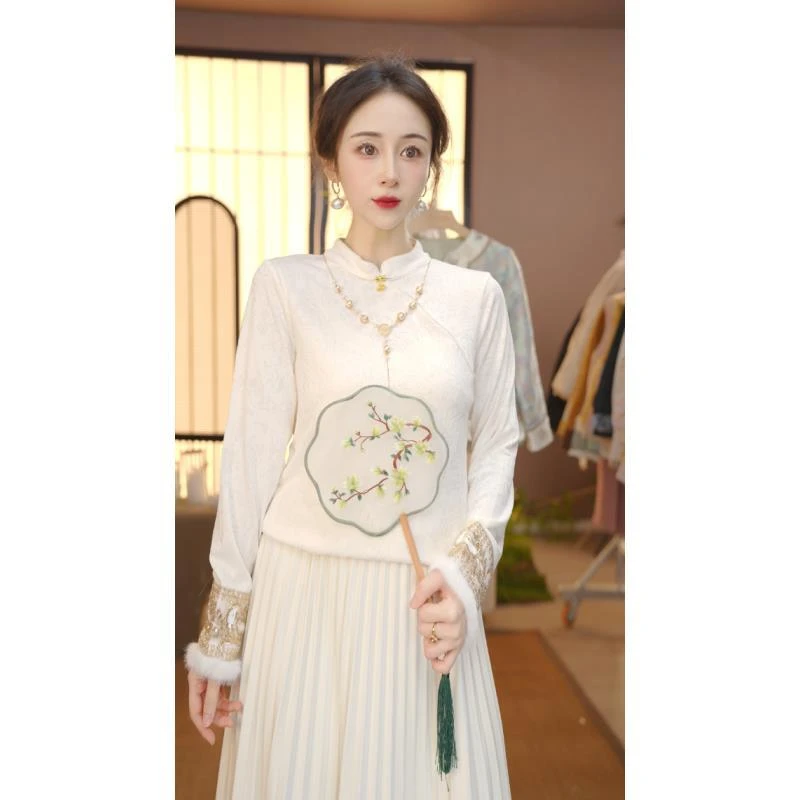 秋冬季新款新中式提花精致百搭上衣拼接水貂毛FB2510119