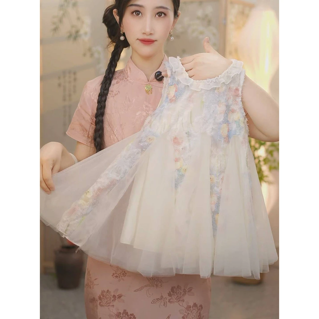 【彩云】SC295女童夏季新中式花边网纱公主风礼服旗袍连衣裙
