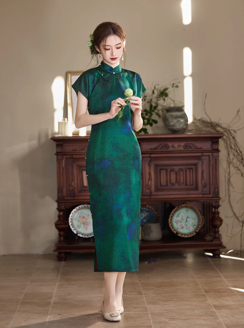 【25新款】绿欣 精致改良旗袍复古连衣裙全开襟旗袍